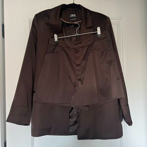 Zara Brown Blazer Short Satin Set